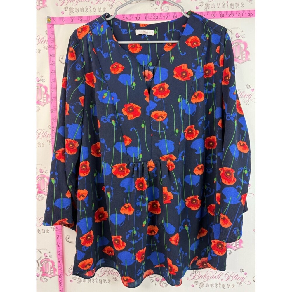 Marybelle Floral V-Neck Long Sleeve Tunic Top - Navy with Red & Blue Poppies